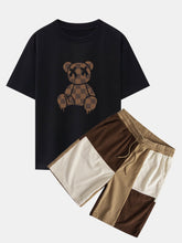 Checkerboard Dissolving Bear Drop Shoulder Oversize T-Shirt & Colorblock Corduroy Shorts